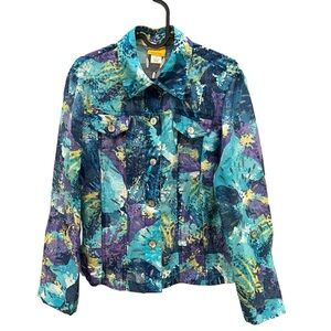 Ruby Rd 10 Blue Purple Watercolor Floral Burnout Sheer Shacket Button Down